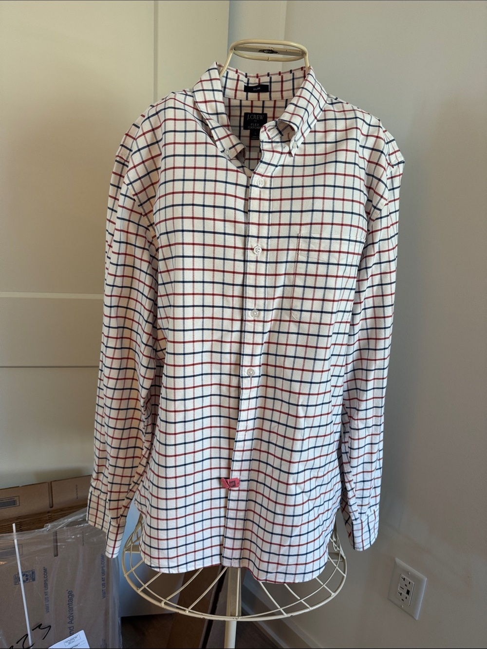 J. Crew White Button-Down Shirt with Red and Navy Windowpane